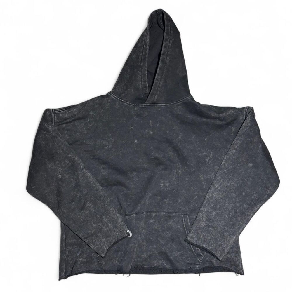 Black acid wash cropped hoodie CLQ womens faded mineral wash finish raw cut hem